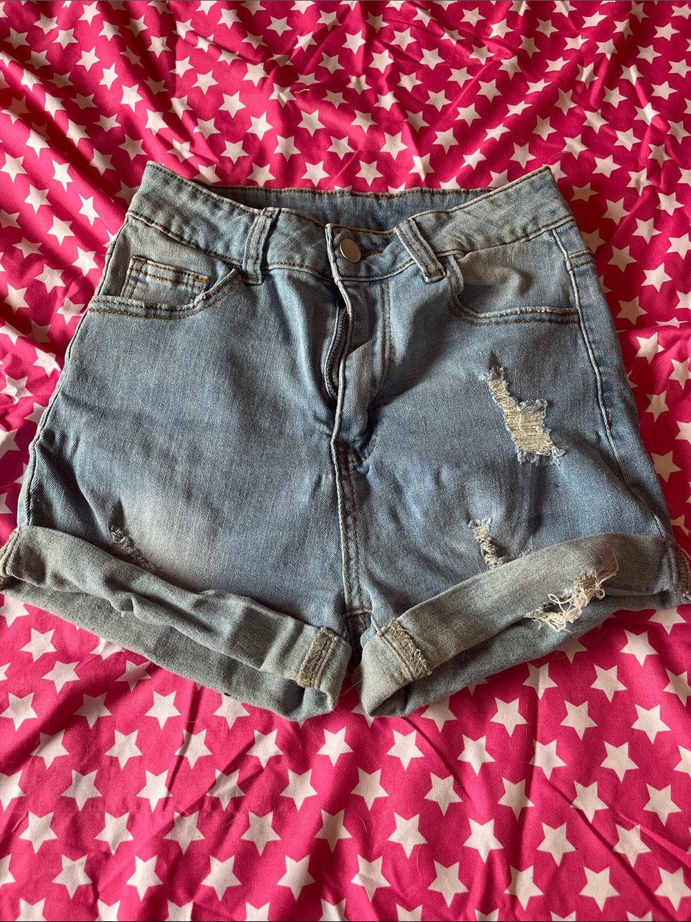 Classic High-Rise Distressed Denim Shorts - Light Blue